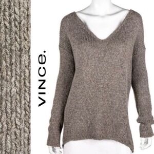 Vince Knit Sweater Taupe Linen Wool Alpaca V-Neck Slub Rolled Trim M